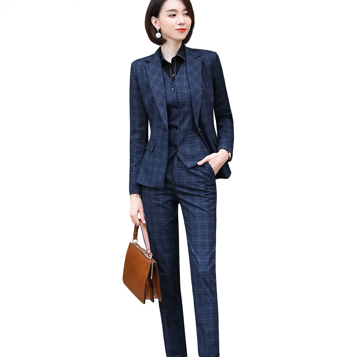 

Gray Plaid Blazer Vest and Pant 3 Piece Women Pant Suit Uniform Designs for Office Lady Business Career Work Wear Womens Suit