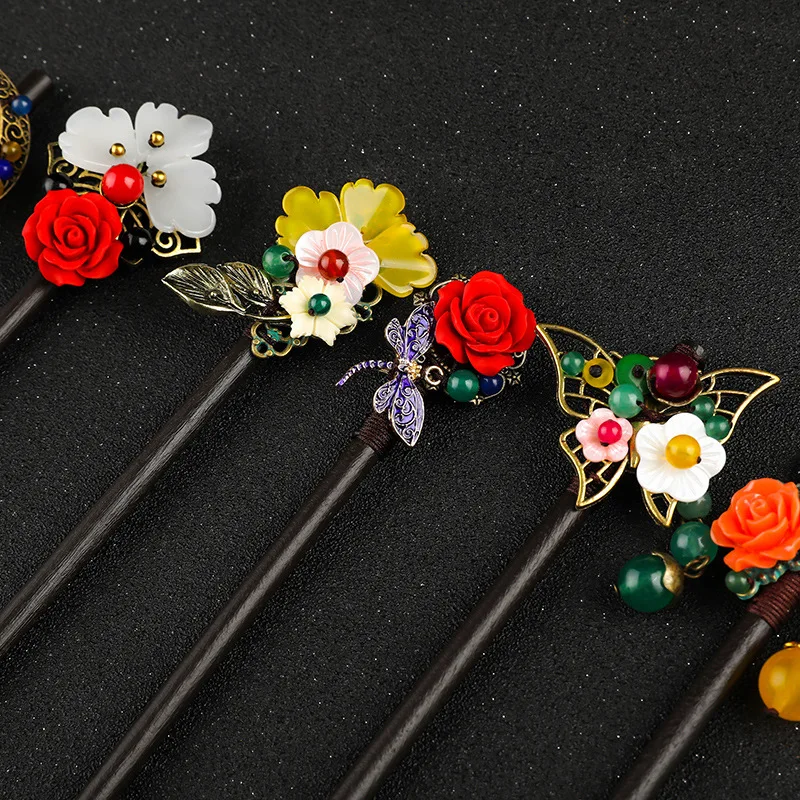 

Hair Accessories for Women 2021 Ebony Headband Ancient Floret Hair Forks Hanfu Wooden Hair Sticks Classical Plate Hairpins Gifts