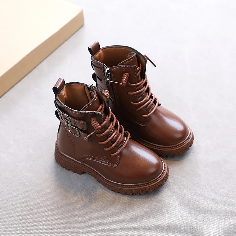 

Spring Boys Solid Martin Boots Unisex Winter Britain Wind Brown Girls Boots Kids Fashion Round-toe Thick Children Boots 2021 Hot