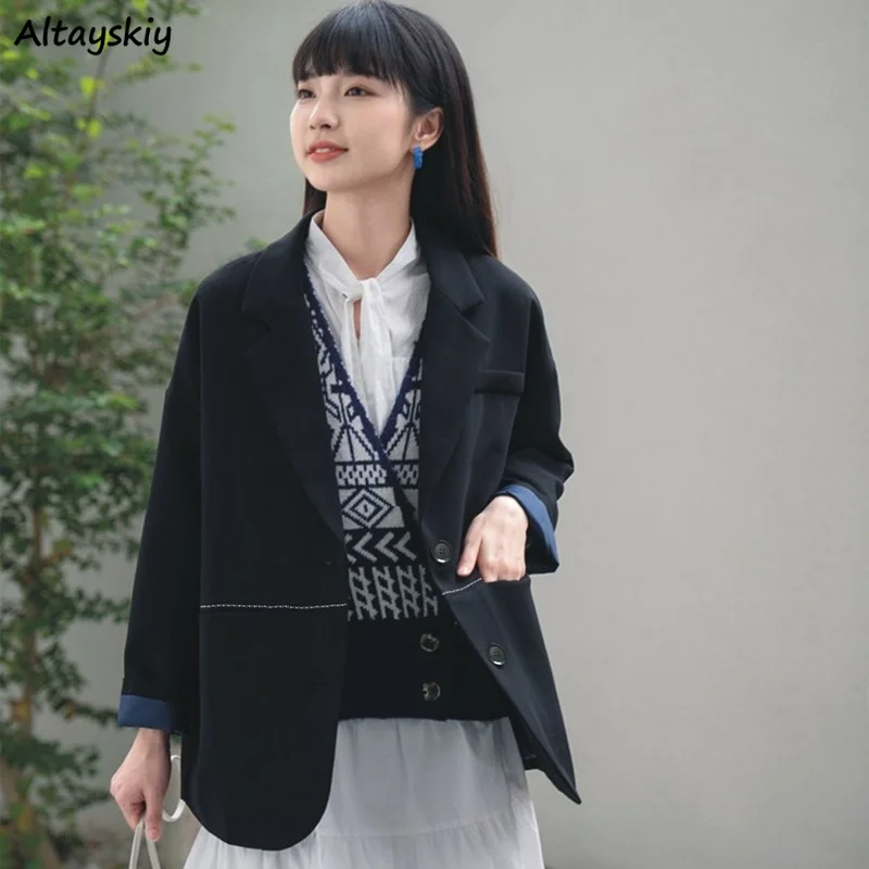 

Блейзер Женский однобортный на пуговицах Ulzzang, свободного кроя, с длинным рукавом, однотонный, для офиса, уличная одежда, милый, винтажный, ды...