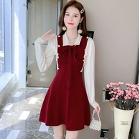 2021 autumn and winter new korean version slim sweater knitted dress turn down collar patchwork buttons short dresses female