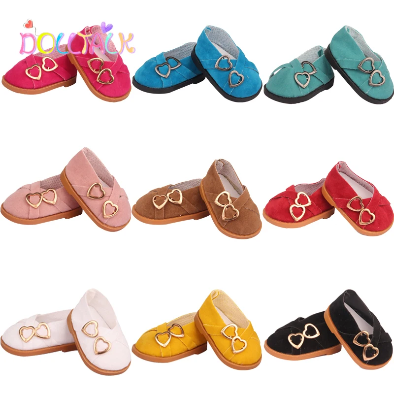

7 cm Leather Doll Shoes For American 18 Inch Doll Double Hearts Villus Shoes Boots For 43 cm Baby New Born&OG,1/3 BJD Girl Doll