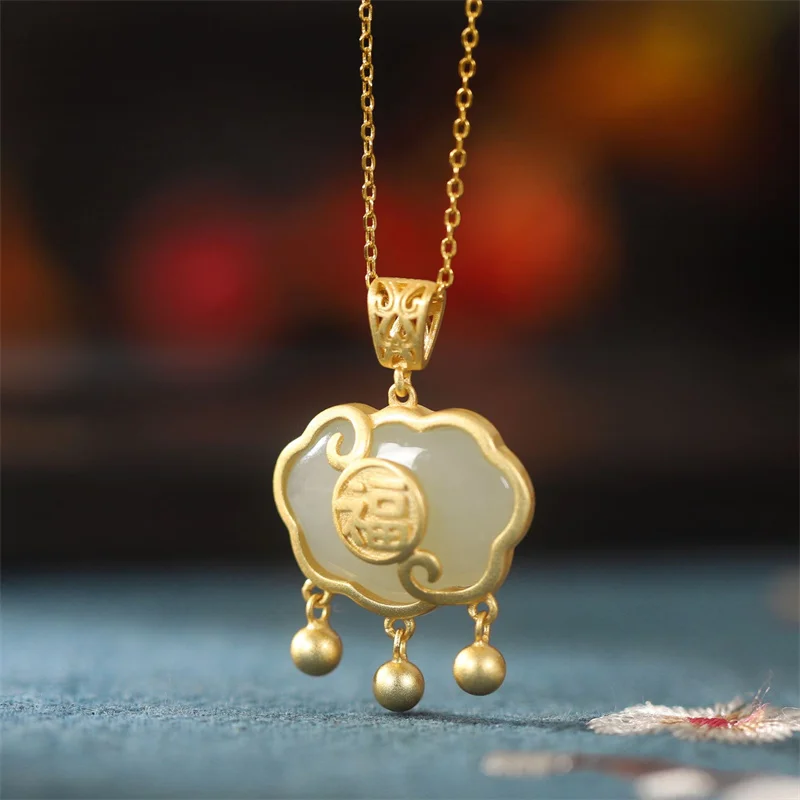 

Hot Selling Natural Hand-carved Jade Gufa Inlay Ruyi Lock Necklace Pendant Fashion Jewelry Men Women Luck Gifts