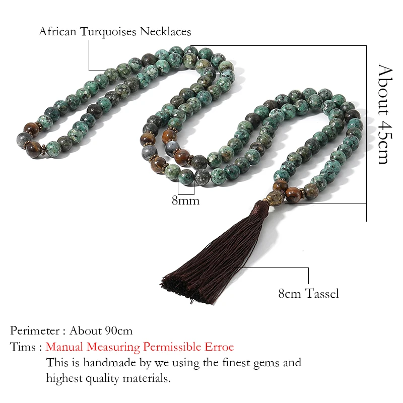 OAIITE 108 Beads African Turquoise Tiger Eye Stone Necklace Golden Buddha Head with Long Tassel Knotted Mala Jewelry | Украшения и