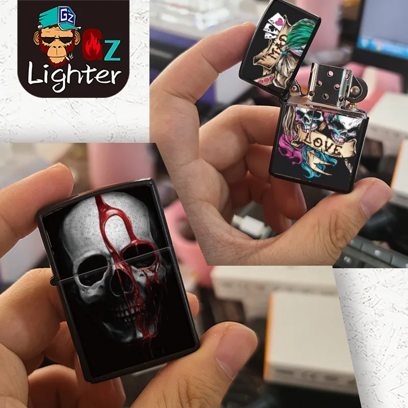 

New Trendy Brand Windproof Kerosene Lighter Skull Front Page Customizable Pattern Men'S Gadget Accessories