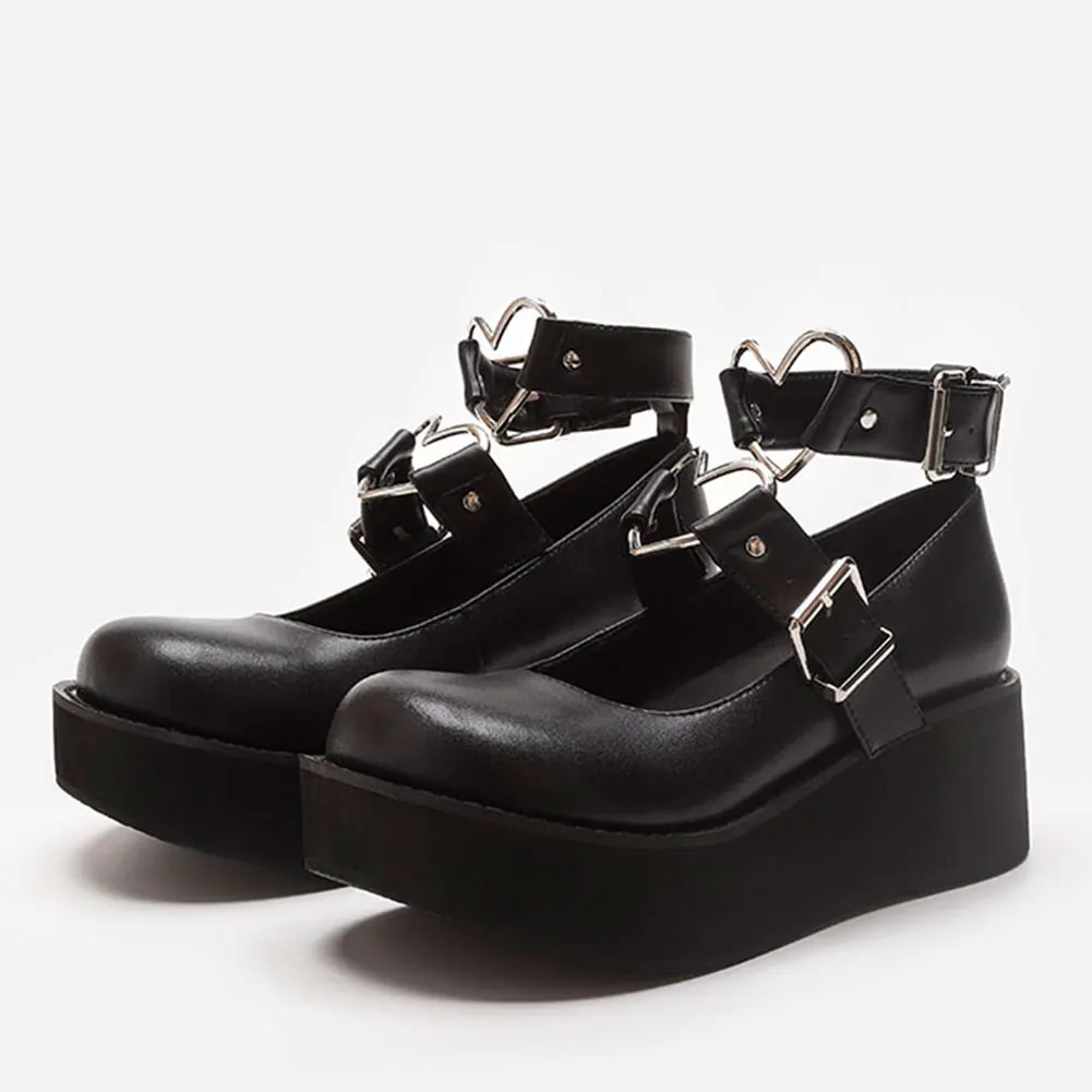 

2021 Big Size 43 Sweet Lolita Black Gothic Style Girls Heart Decoration Comfortable Mary Janes Flats Platform Casual Women Shoes