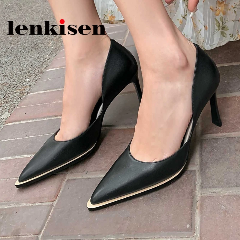 Lenkisen genuine leather pointed toe stiletto super high heels office lady mature elegant shallow slip on spring women pumps L02