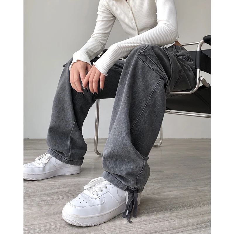 Gray Cargo Jeans Vintage Pockets Lace Up High Waist Casual Women Pants Wide Leg Casual Denim Streetwear Baggy Boyfriend Trousers