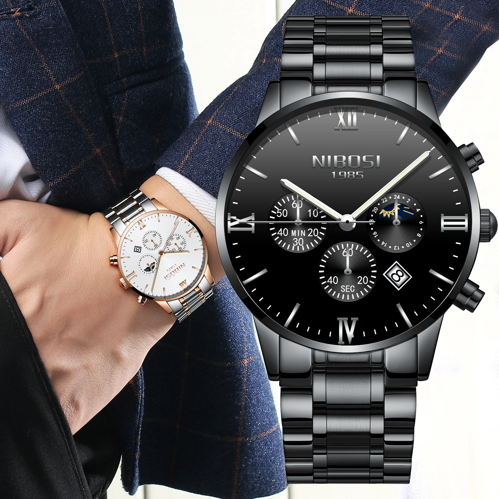 

NIBOSI Fashion Top Luxury Brand Men Watch Waterproof Moon Phase Chronograph Military Quartz Wristwatch for Men Relogio Masculino