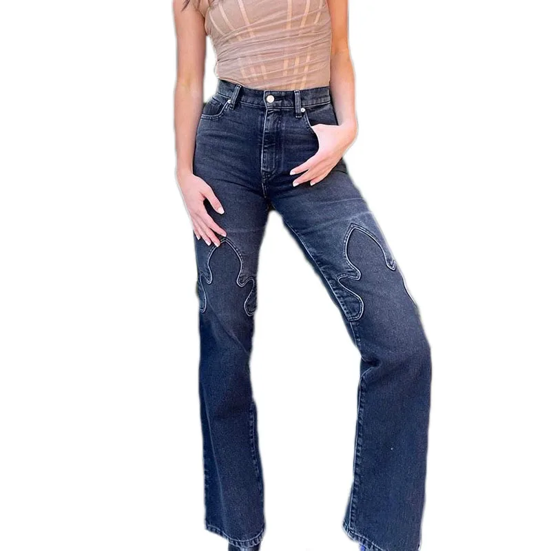 

Women Ladies Pockets Fashion Jeans Color Matching Flame Printed Pattern Patchwork Cropped Trousers Streetwear Retro Denim Pant