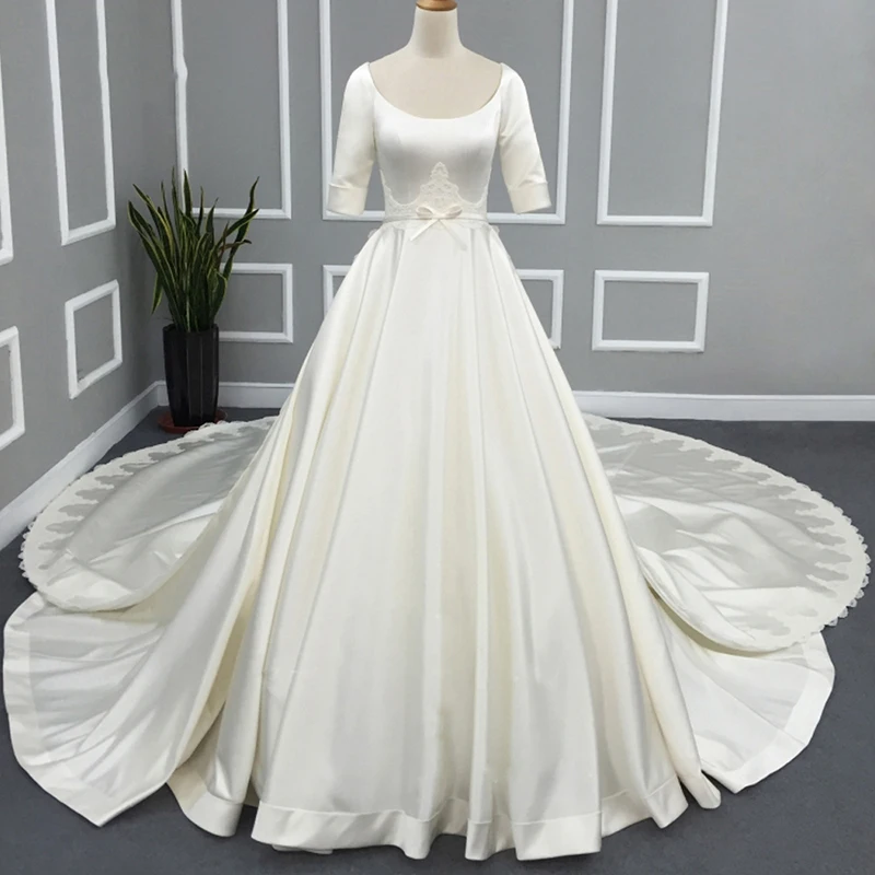 

Robes De Mariée Luxury Matte Soft Satin Wedding Dresses Half Sleeve High Waist French Gowns O Neck Button Bow Tailored