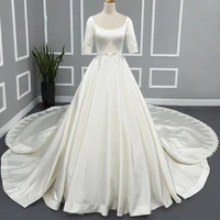 robes de luxury matte soft satin wedding dresses half sleeve high waist french gowns o neck button bow tailored