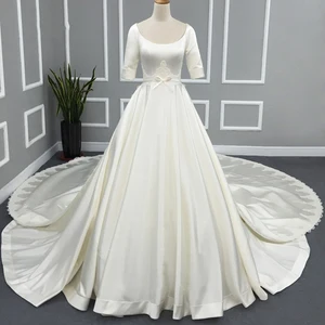 Robes De Mariée Luxury Matte Soft Satin Wedding Dresses Half Sleeve High Waist French Gowns O Neck Button Bow Tailored