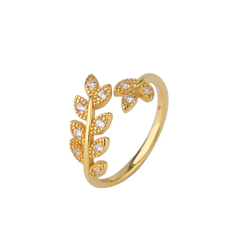 

JrSr new 100% 925 sterling silver white Zircon Leaves Opening ring for woman engagement & wedding & Anniversary DIY jewelry gift