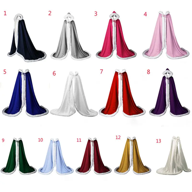 Свадебная накидка из атласа с капюшоном и отделкой искусственного меха зимняя