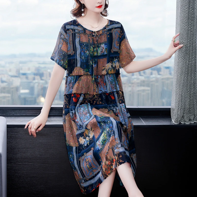 

COIGARSAM Women Long Dress Summer 2021 New Vintage Floral Print Short Sleeve Patchwork Loose O-Neck Dresses Traf Vestidos