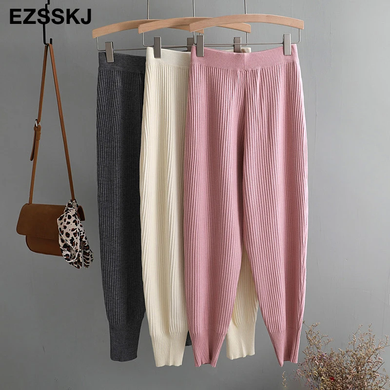 casual Elastic Waist Trousers Thick Knitted Women Harem Pants Autumn Winter Sport swear female sweater Radish pants Grandma