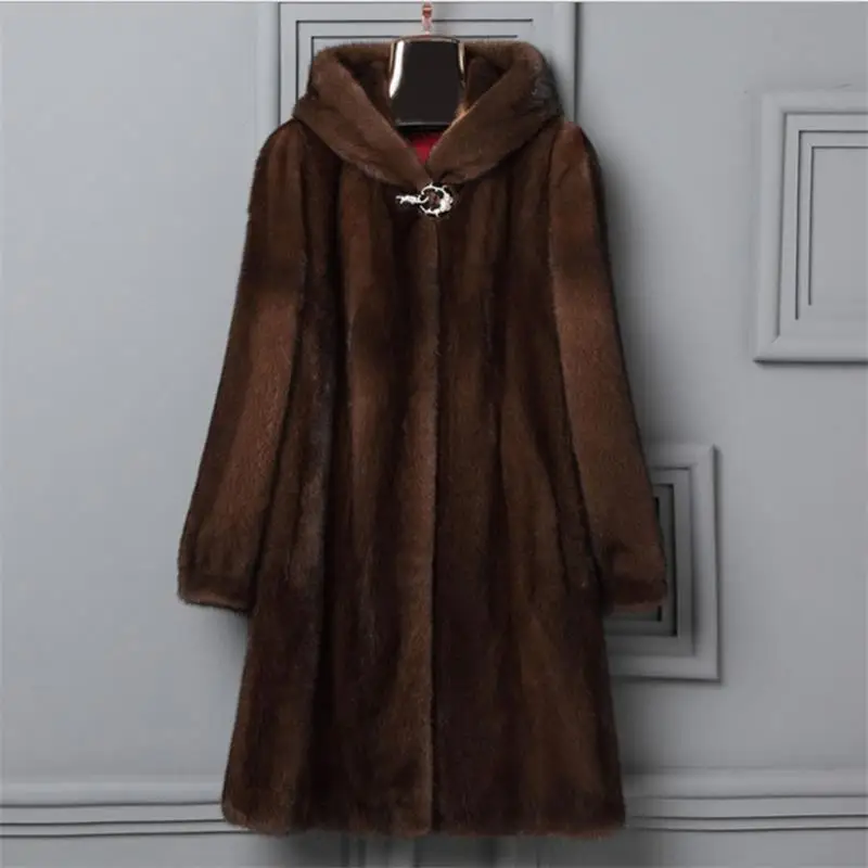 Warm And Fashion Dark Thick Brown Plus Size Winter Coats For Women 4XL 5XL 6XL Long Faux Leather Hooded Fur Outwear With Pockets