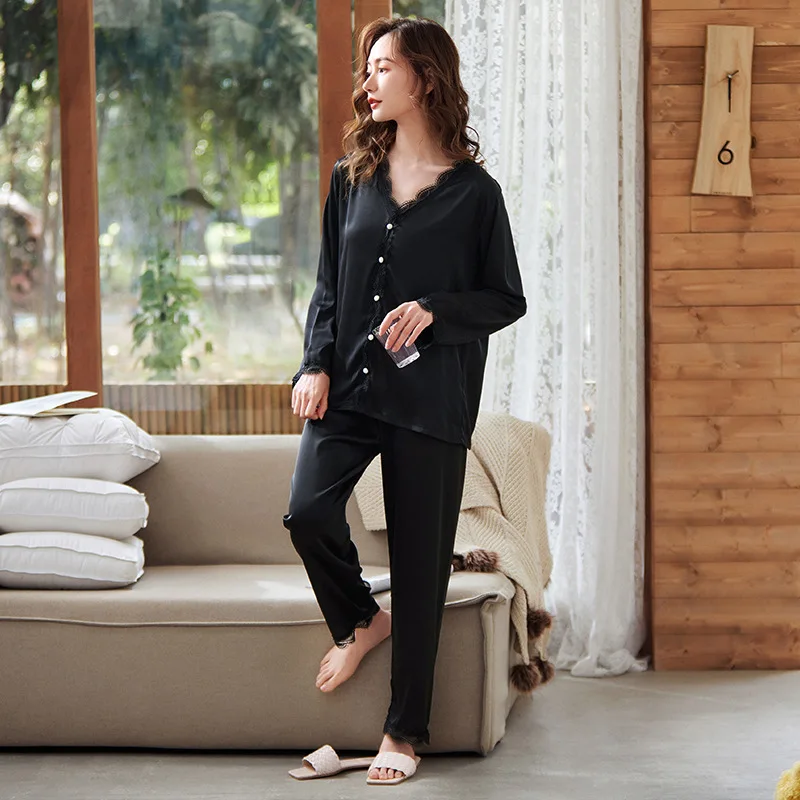 Summer New Pajamas Women's Sexy Sleepwear Ice Thin Long Sleeve Spring Autumn Silk Leisure Nightgown Home Suit Female Nightwear