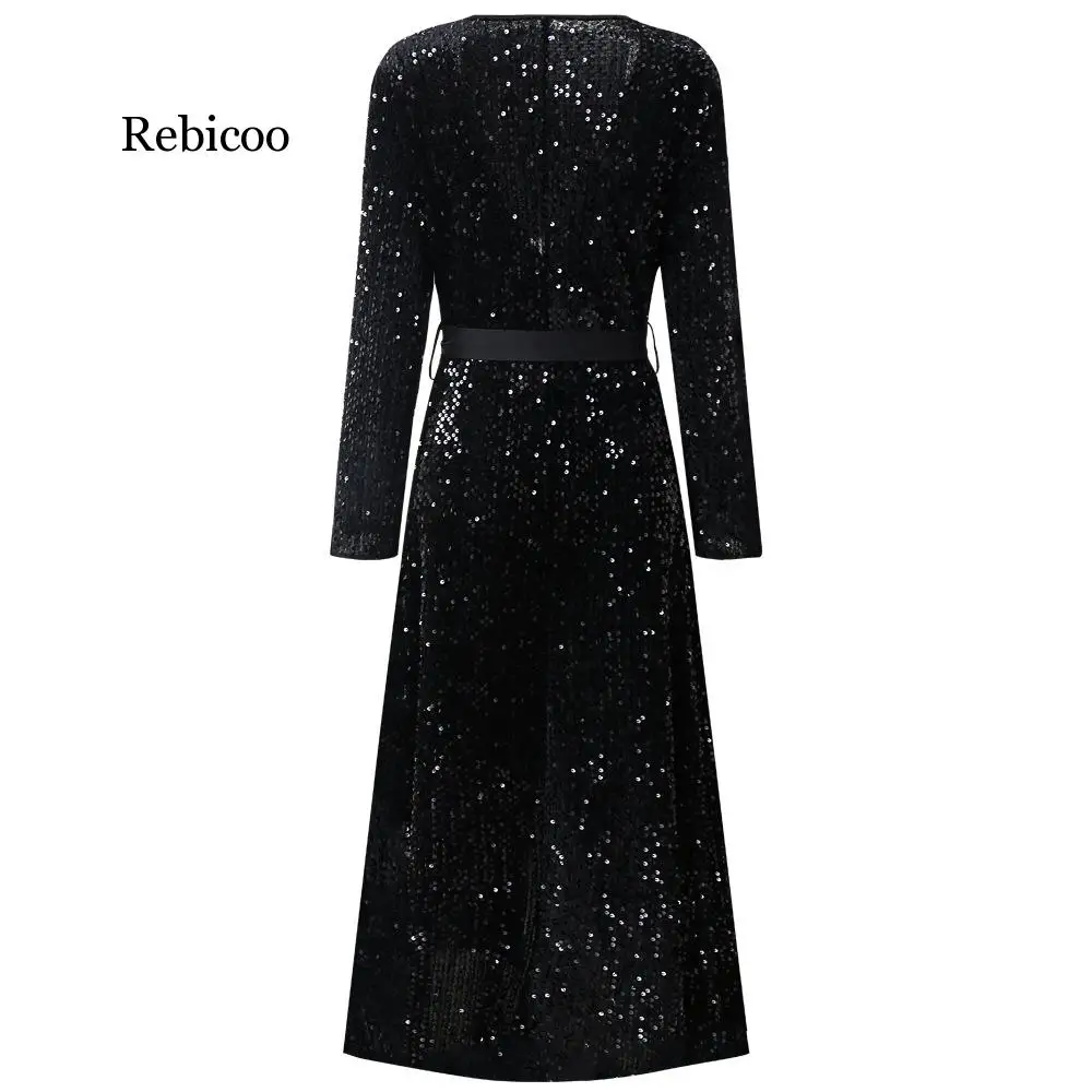

Deep V Neck Sexy Sequin Dress Black Shinning Evening Party Women Dress Long Sleeve Long Dress With Belt Robe Longue Femme Ete