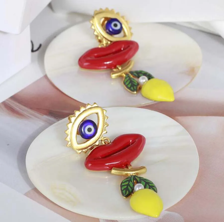 

luxury hand-painted glaze angel eyes red lips lemon personality no pierced ear clip chic women fun exaggeration holiday eardrop