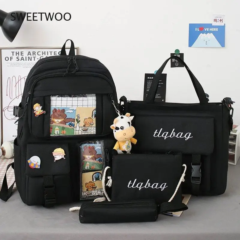 

Cow Pendant School Student Four-Piece Set Pencil Case Messenger Bag Shoulder Handbag Schoolbag Women Backpack Damski Mochilas