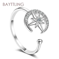 bayttling silver color shiny zircon star moon open ring for woman fashion wedding gift jewelry