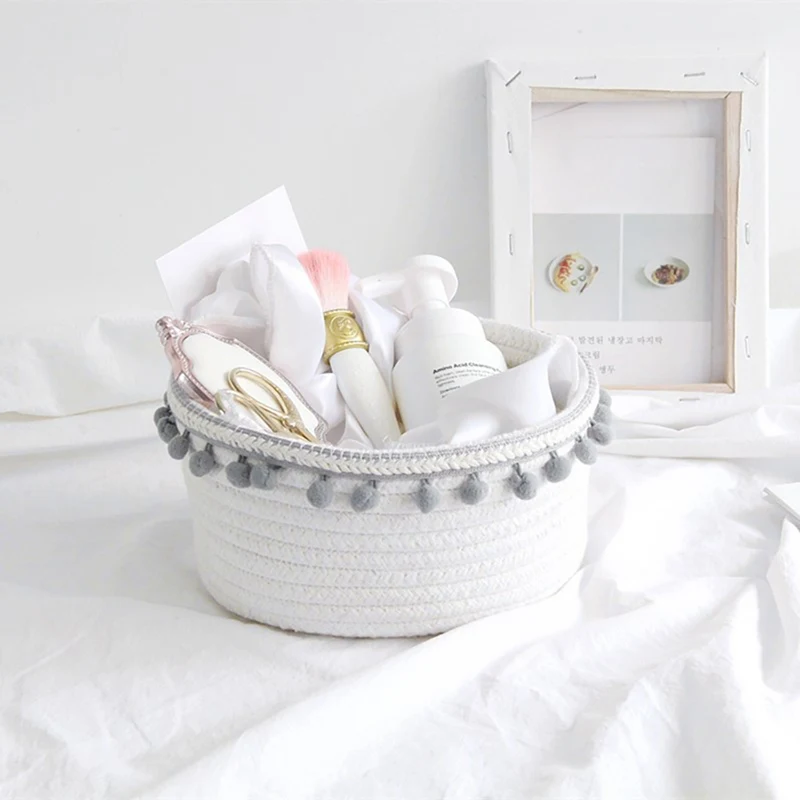 

ZL Household Unique Woven Wool Ball Storage Basket Home Decoration Cotton Thread Storage Basket White Laundry Basket