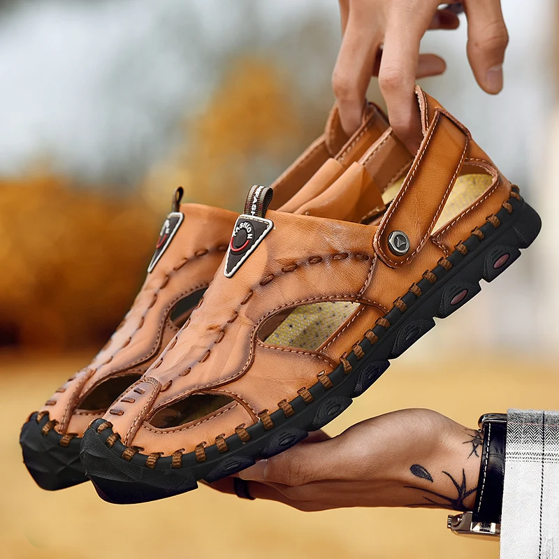 Ankle-Wrap 2020 Genuine Leather Casual British Style Men's Sandals Comfortable Fashion Walking Shoes Big size Brown Black Flat F | Обувь
