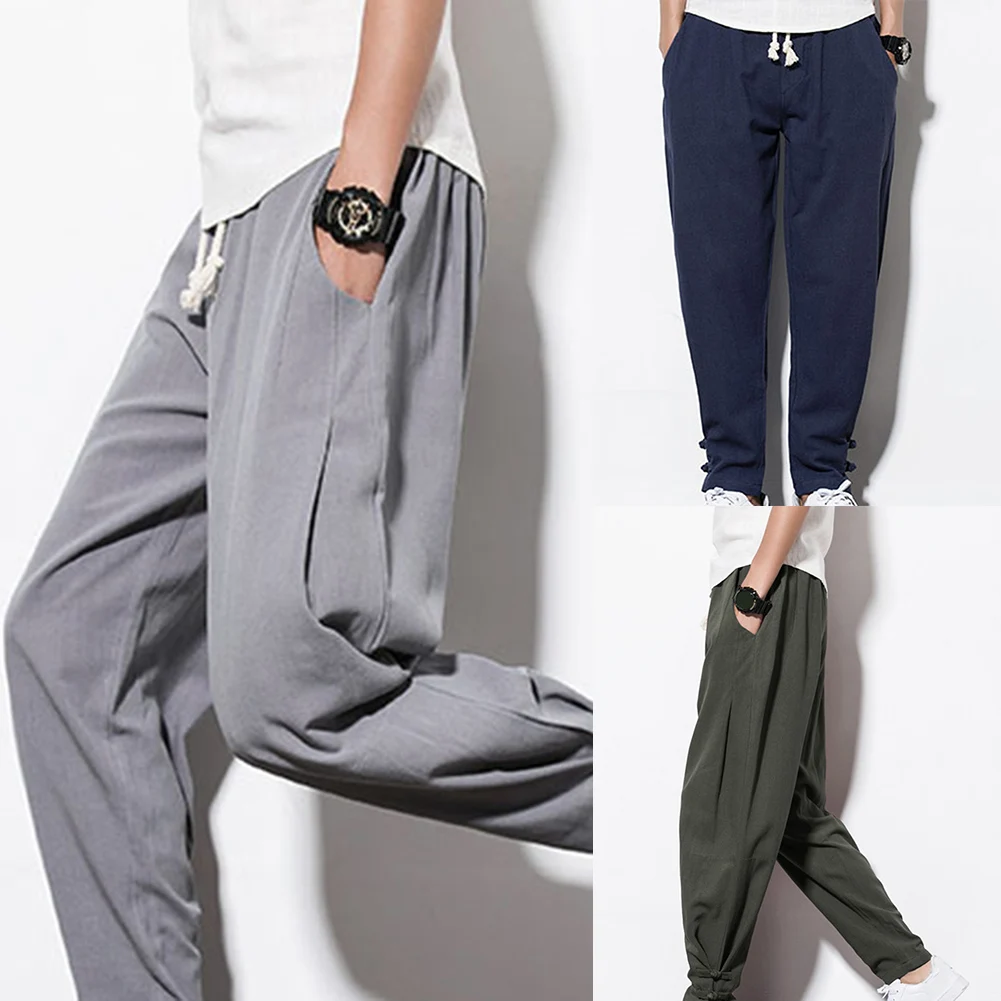 Брюки мужские повседневные с завязкой и карманами размера плюс шаровары из