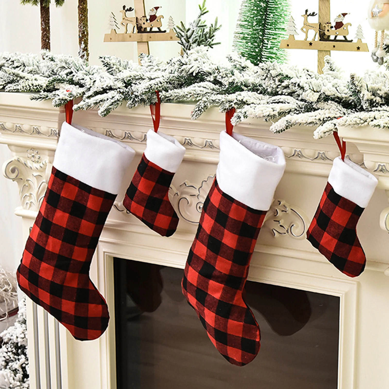 Модные рождественские носки в черно-красную клетку подарочный пакет украшения