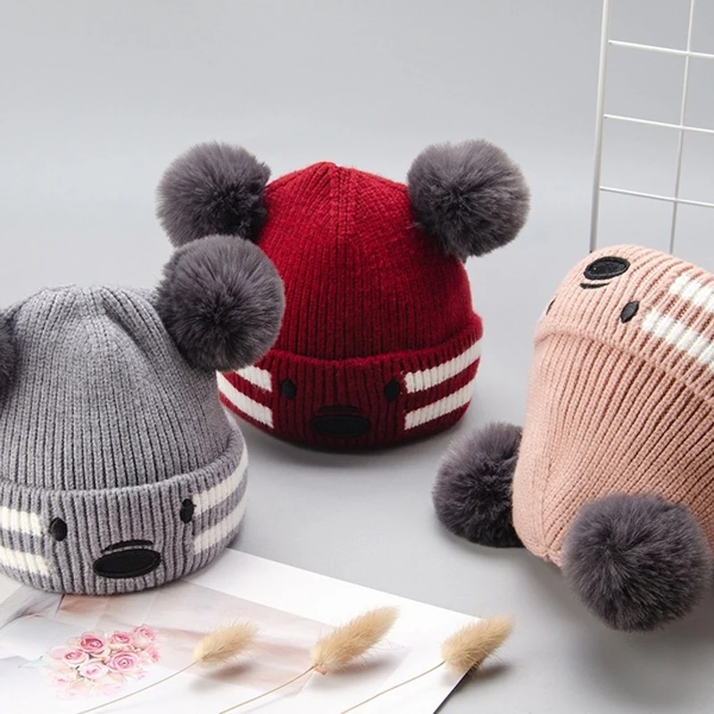 Baby Beanies Double Ball Wool Cartoon Pompom Hat Children Winter Knitted Hats Cute Cap for Girls Boys Thick Kids Beanies