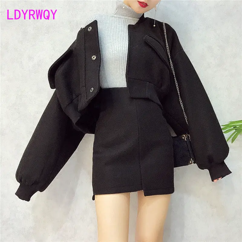 

2021 autumn and winter fashion suit tweed short jacket high waist skirt small two piece set Office Lady Pullover