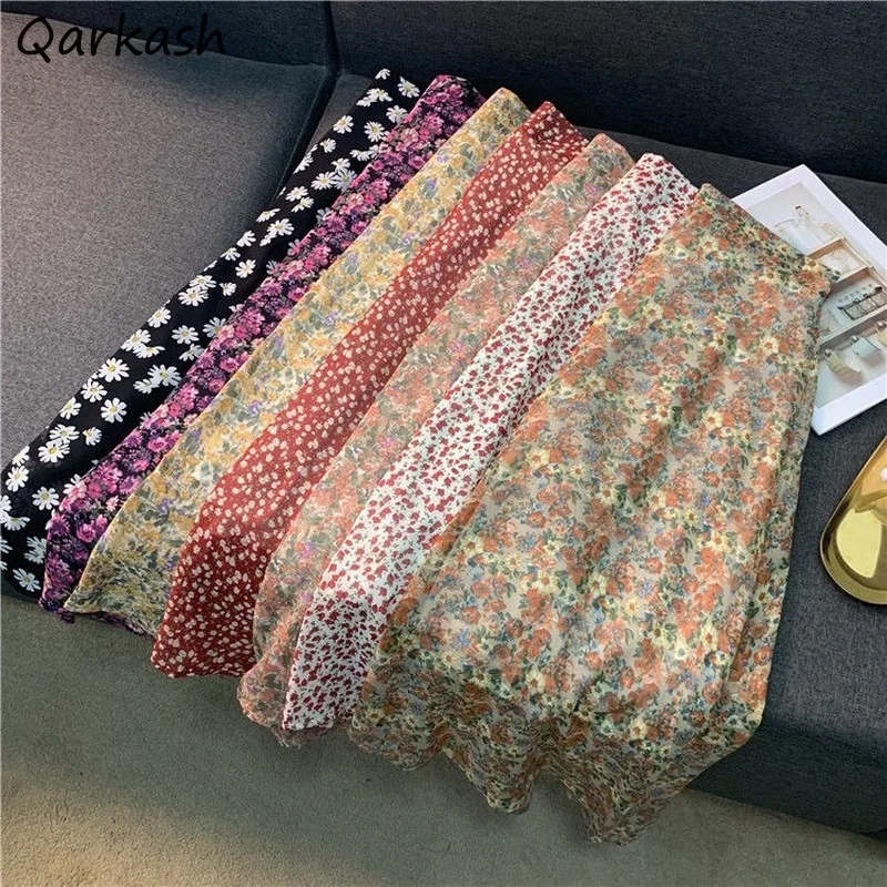 

Юбка до середины икры для женщин, шикарная ретро-юбка в Корейском стиле, с цветочным принтом, для отпуска, модная мягкая шифоновая одежда в с...