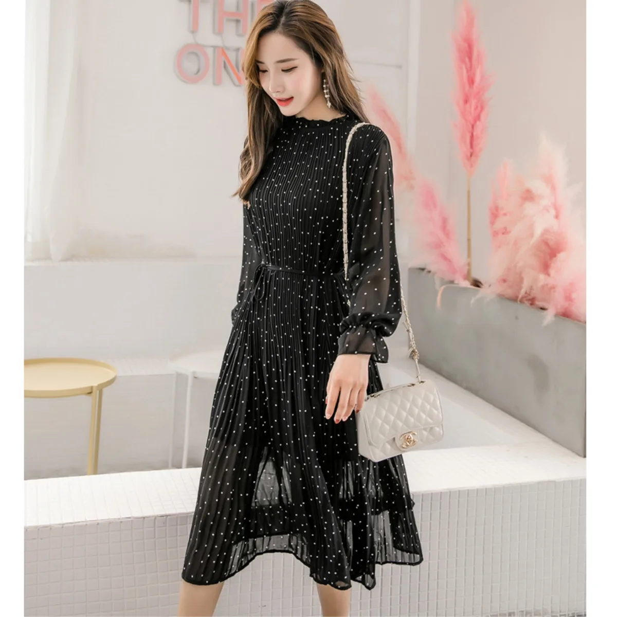 

BacklakeGirls Women Elegant Round Neck Long Sleeve Black Cocktail Dress Vintage Polka Dot Chiffon Dresses Plus Size Vestidos