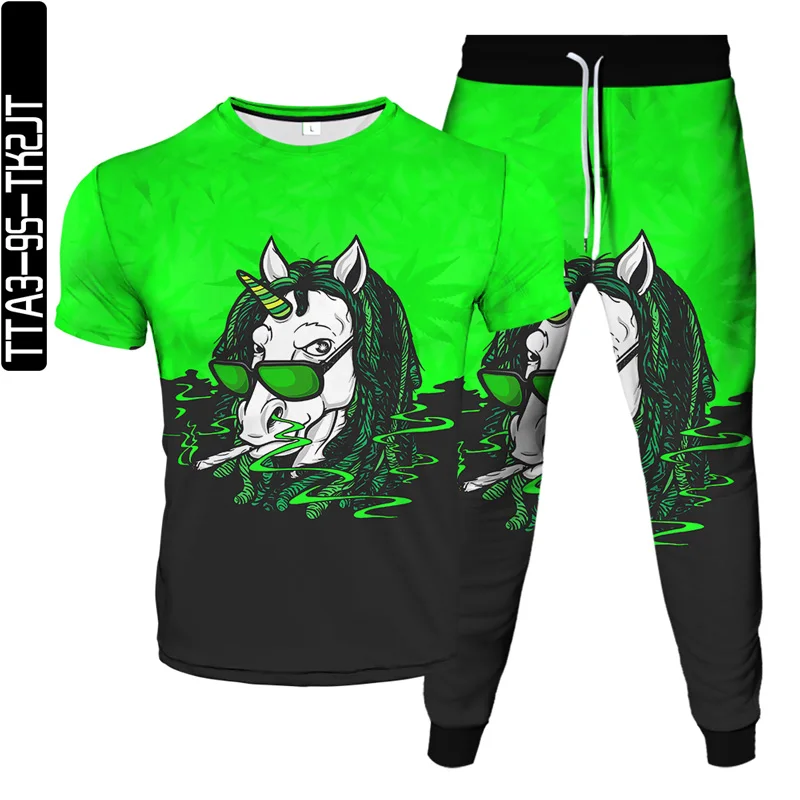 

Summer new brand men's T-shirt + sports pants two-piece 3D printing horse/deer jogger fashion casual outdoor fitness clothes
