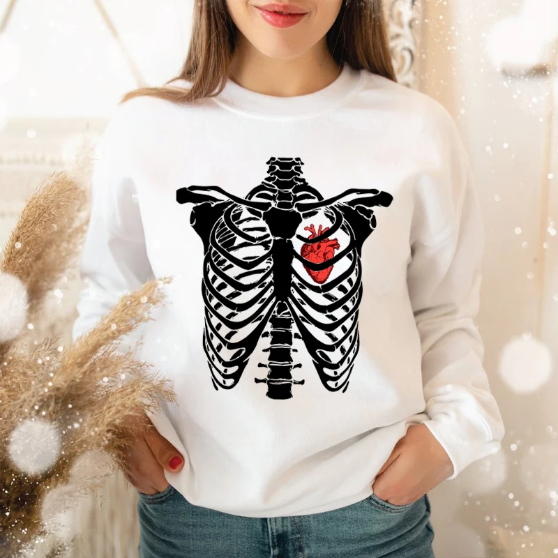 

Skeleton Heart Printed Sweatshirt Women's Crewneck Pullover Hoodie Autumn Fleece Casual Oversize Clothing Loose Hoodie