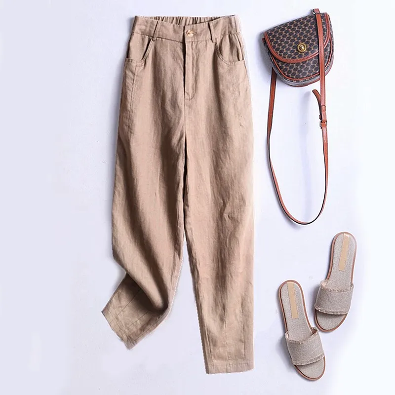 Pants Women 100% Linen Casual Style Plus Size High Waist Harem Ankle Pants Pockets Solid 2 Colors Summer New Fashion