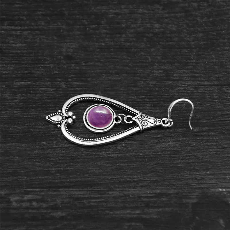 Серьги-подвески с круглыми аметистами женские тибетское серебро натуральный
