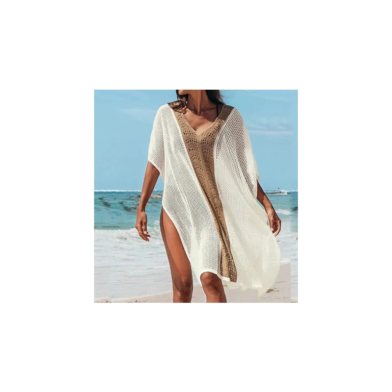 

Summer Womens V-neck Solid Color Sexy Mesh Hollow Beach Skirt Blouse Bikini Swimsuit Shawl Loose Dress Sunscreen -40