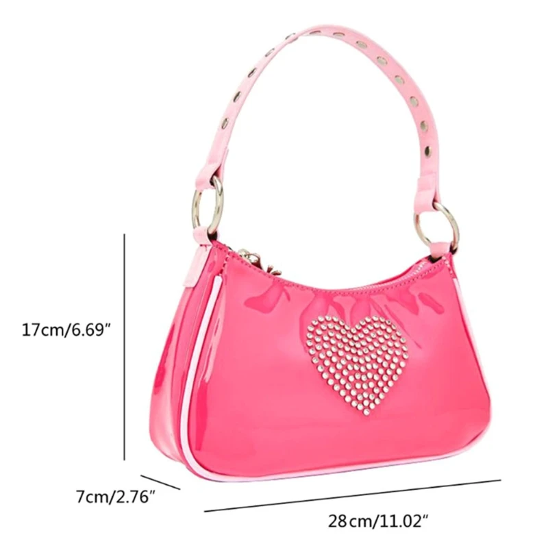 

PU Leather Underarm Bag Rhinestone Heart Clutch Bags Retro Shoulder Bag with Zipper Mini Tote Handbag for Women