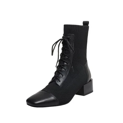 

Knitted Stretch Socks Martin Boots Korean Apricot Short Boots Female Temperament Thin Boots Square Toe Thick Heel Mid-Tube Boots