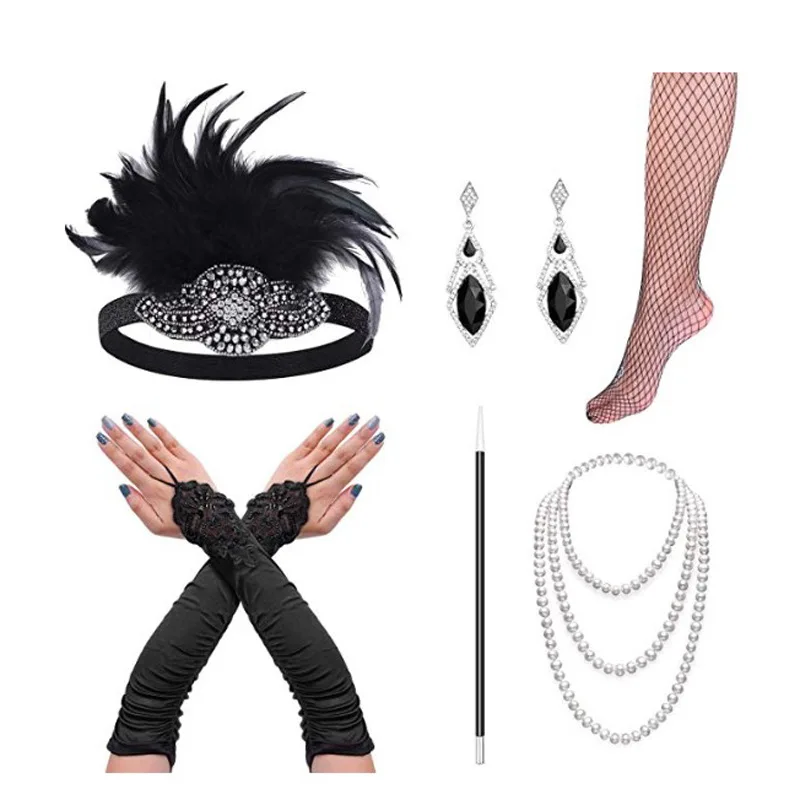 

Gatsby 1920s bachelor party retro feather headband set, headdress necklace gloves smoking rod