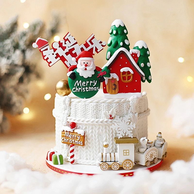 Подарочная коробка Санта Клаус поезд дерево Счастливого Рождества торт Топпер С