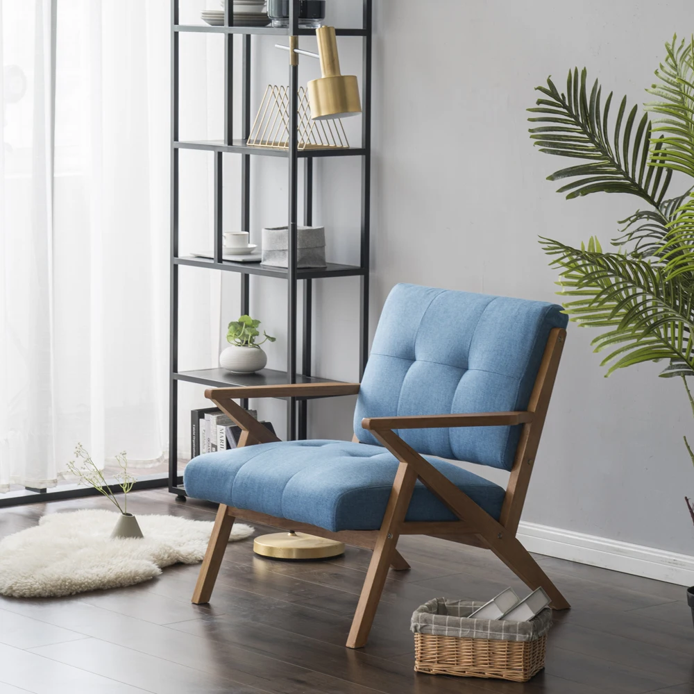 

76 x 85 x 82.5cm Retro Single Sofa Chair Solid Wood Leisure Chair Blue Balcony Chair for Living Room Apartment Sofa Chair