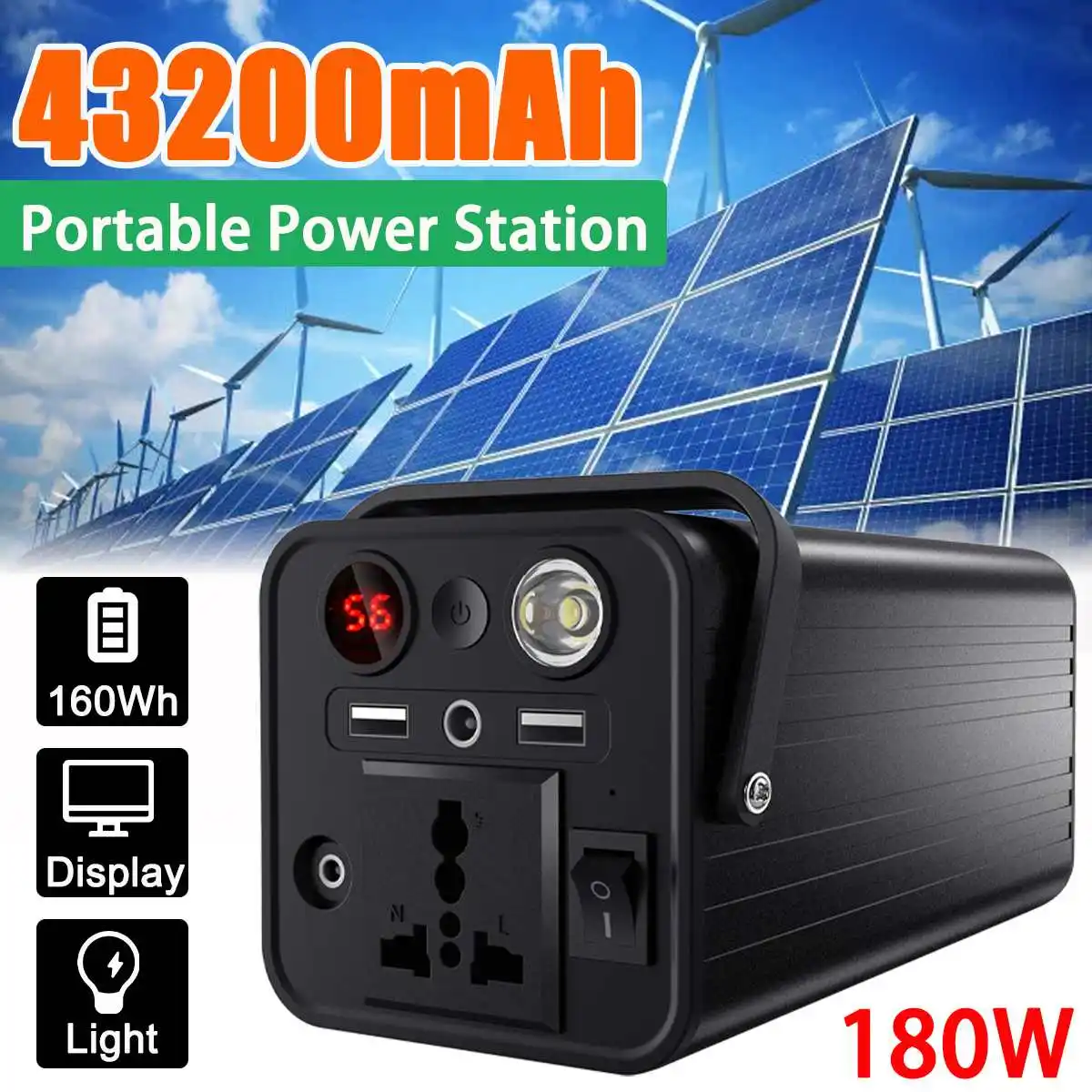

110V Portable Solar Power Station 43200mAh Solar Generator Li-ion Battery Charger Outdoor Energy Power Supply 180W 160WH