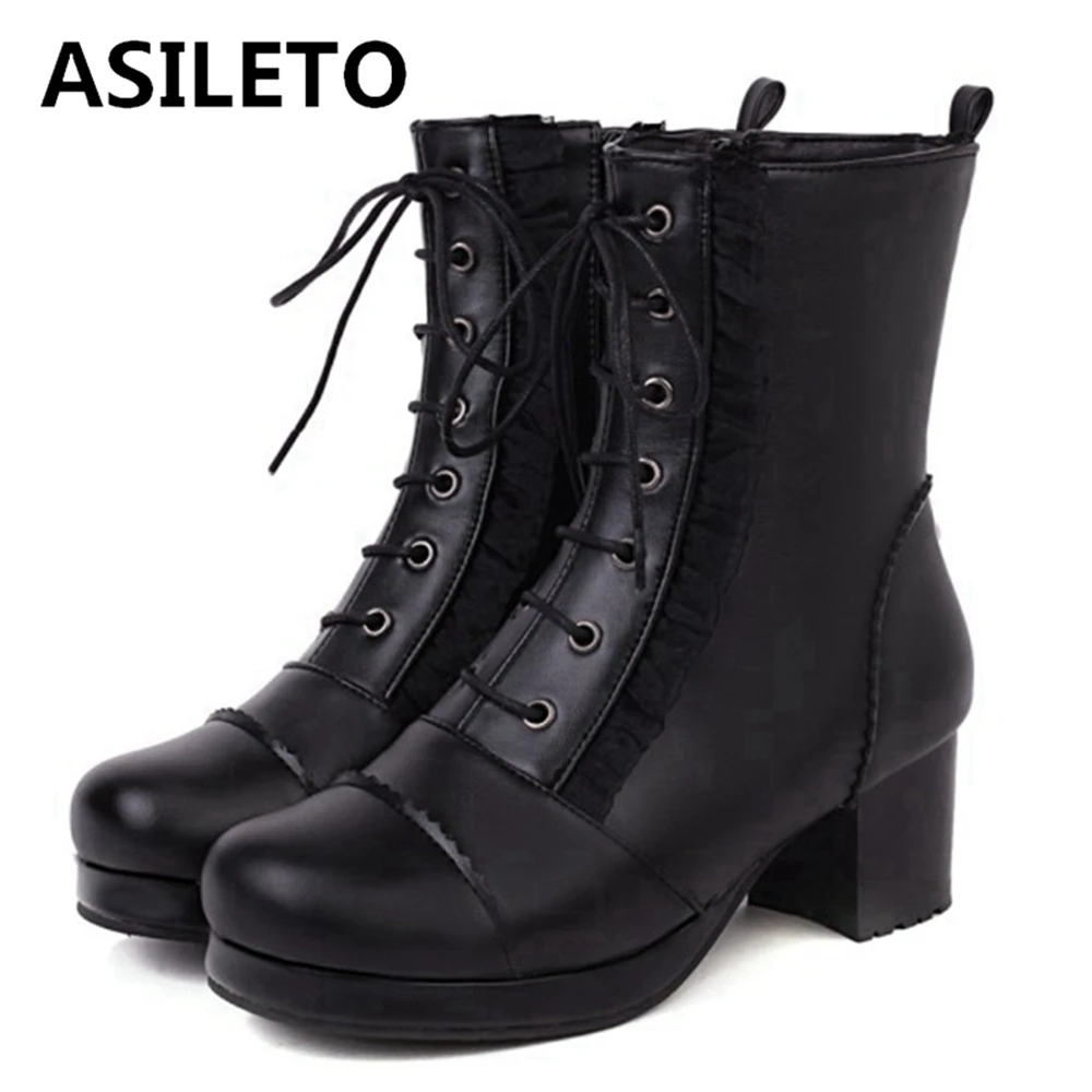 

ASILETO Autumn Winter Ankle Short Boots Round toe Chunky Heels Zip Lace Up Lolita Ladylike Small Big Size 30-43 Black S2472