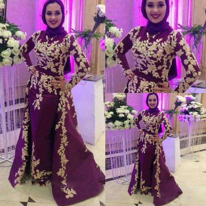 

2020 Burgundy Muslim Satin Mermaid Evening Dresses Prom Appliques Detachable Train Arabic Vestidos De Fiesta De Noche Robe De So
