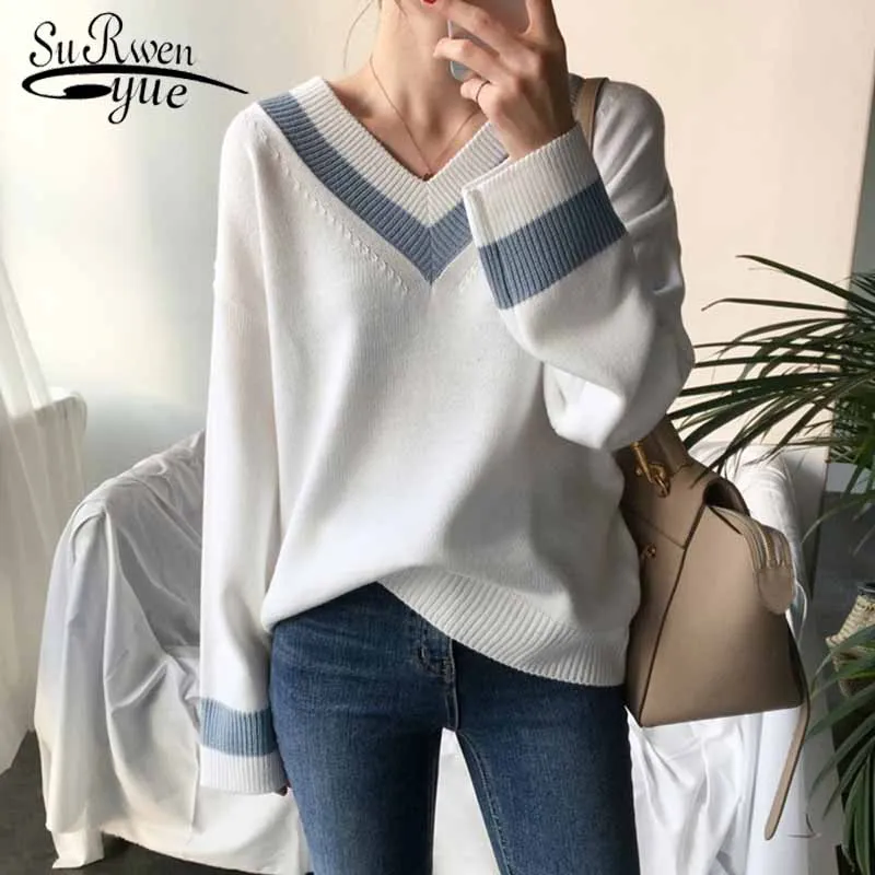 Spring White V-neck Sweater Chic Korean Pullover 2022 Autumn Winter Women's Sweaters New Casual Basic Female Jumpers All-match | Женская