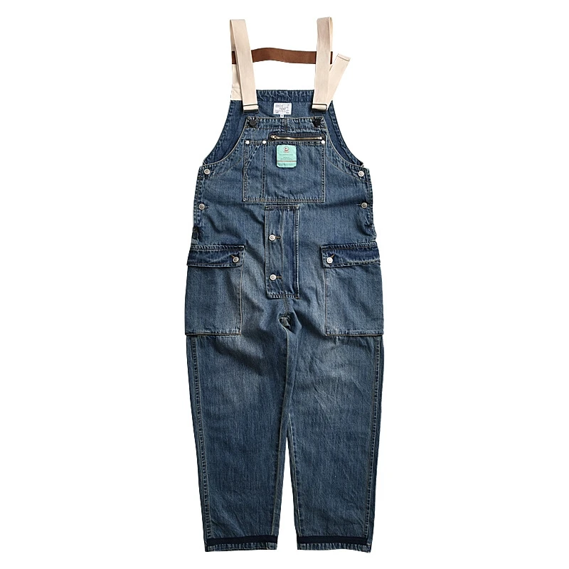 

Wash water to make old blue jeans suspenders men's fashion brand cargo Multi Pocket suspenders workers' one piece pants